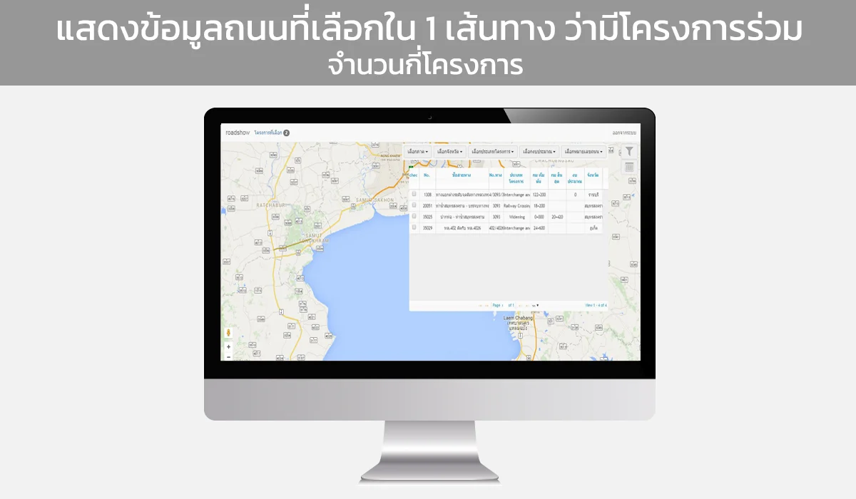 แสดงข้อมูล เส้นถนนที่เลือกว่ามีโครงการร่วมทั้งมดกี่โครงงาน งบประมาณรวมเท่าไหร่